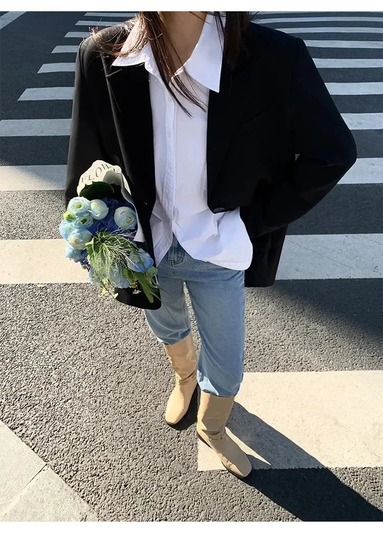 Womens black suit jacket long sleeved jacket Korean fashion back part style jacket womens loose jacket 250415