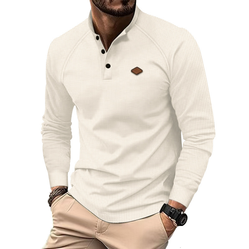2025 Spring/Autumn Men's Casual Stand Collar Waffle Long Sleeve Button Slimming Henley Shirt