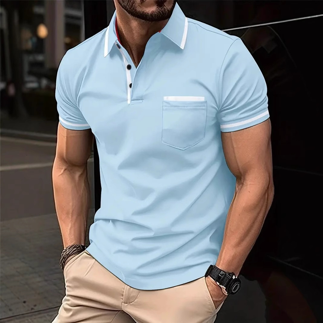 2025 Summer Casual Button Color blocked Pocket Mens Polo Shirt Sportswear