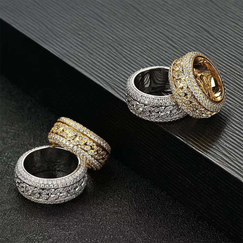 Fashion 14K Gold White Gold Plated Iced Ring Mens/Womens Radiant Cut Moissanite Eternity Bling Cuban Link Chain Ring Chic