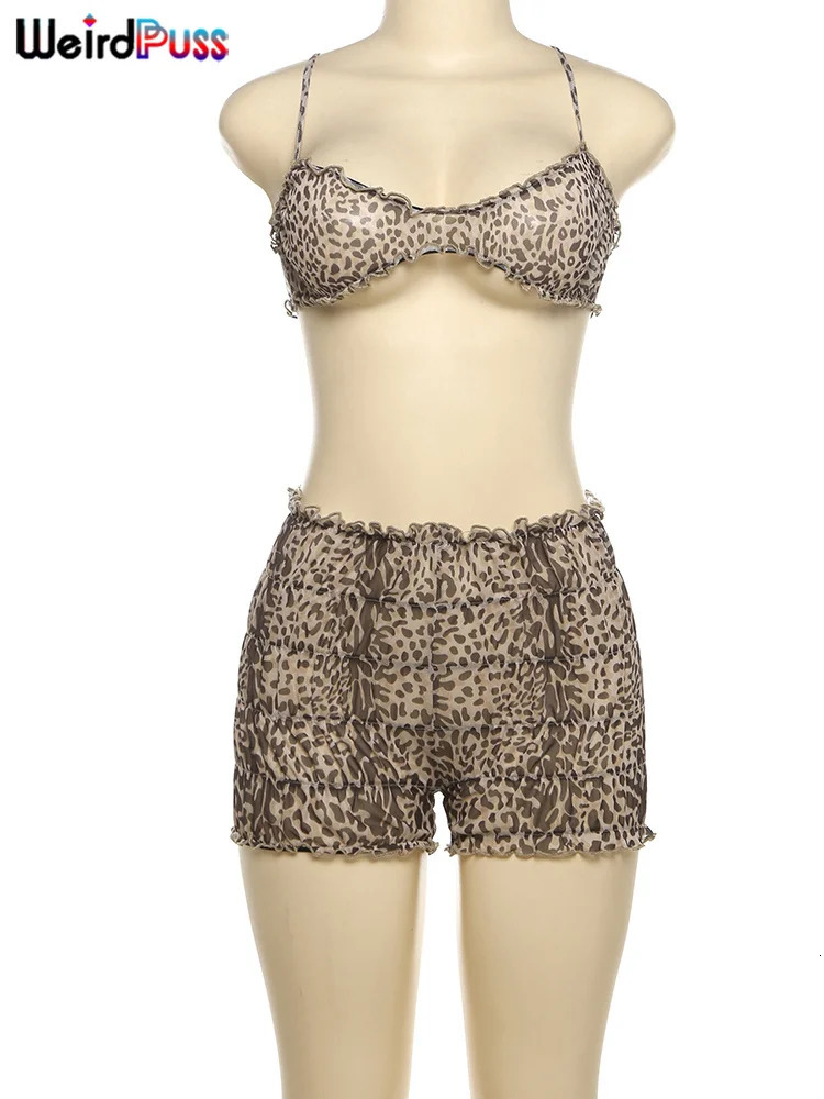 Weird Puss Leopard Print Women 2 Piece Set Sexy See Through Summer Ruffles CamisoleShorts Vacation Matching Clubwear Outfits 250415