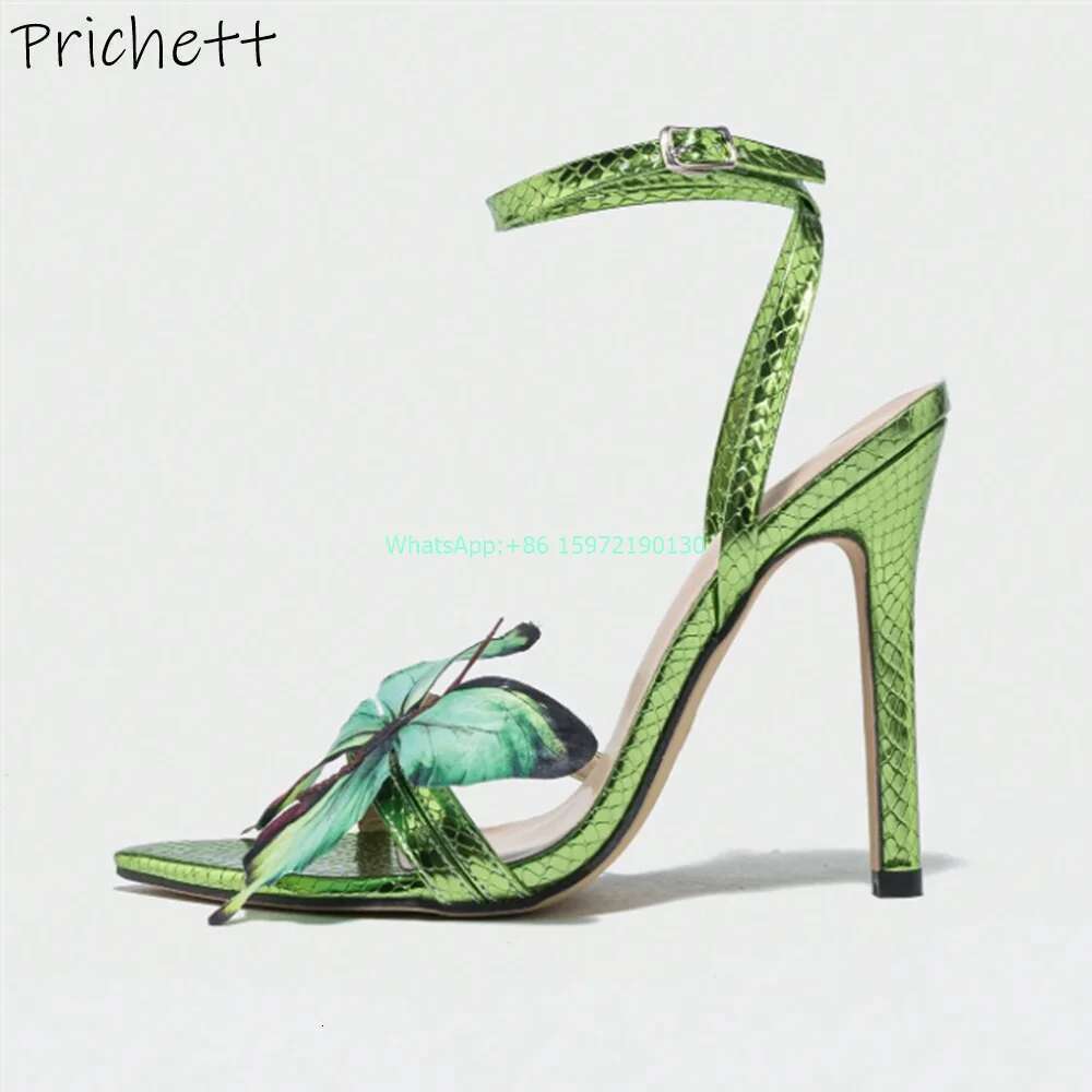 Green Butterfly Thin Heels Sandal Pointy Toe Ankle Band Sgback Belt Stiletto Summer Vocation Party Women Shoes 2024