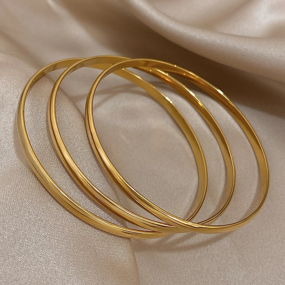 3 smooth 18K goldplated stainless steel bracelets suitable for womens minimalist basic wristband waterproof jewelry 250410