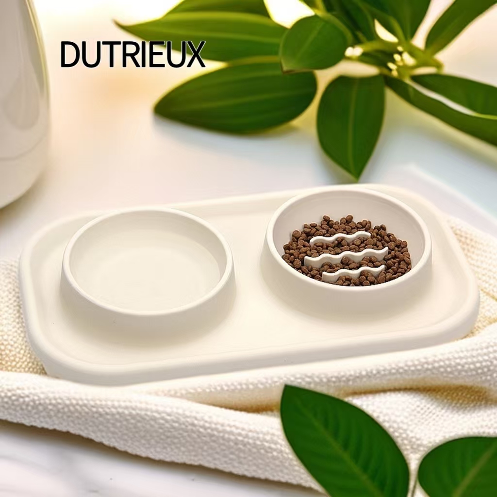 H1438 Affordable double pet bowl, one-piece plastic food bowl, non-slip design, suitable for both eating and drinking, perfect for cats and dogs.