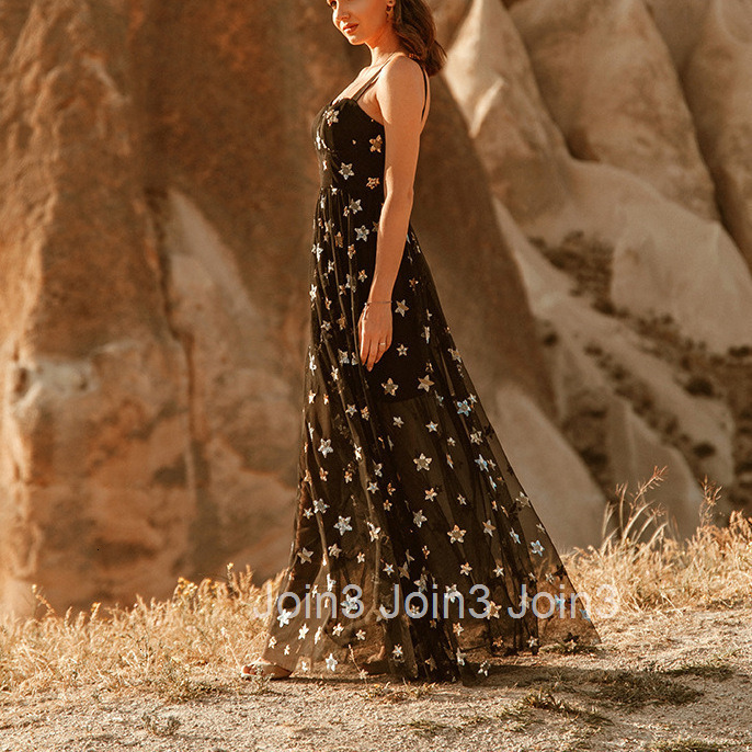 2025 Summer New Womens Clothing Pentagram Mesh Suspender See Through Dress Temperament Long Skirt