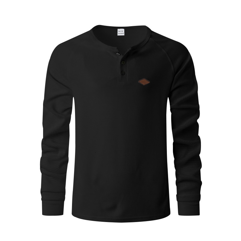 2025 Men's Casual American Spring and Autumn Thin Style Waffle Buckle Quick Dry Shoulder Henry T-shirt Long Sleeve