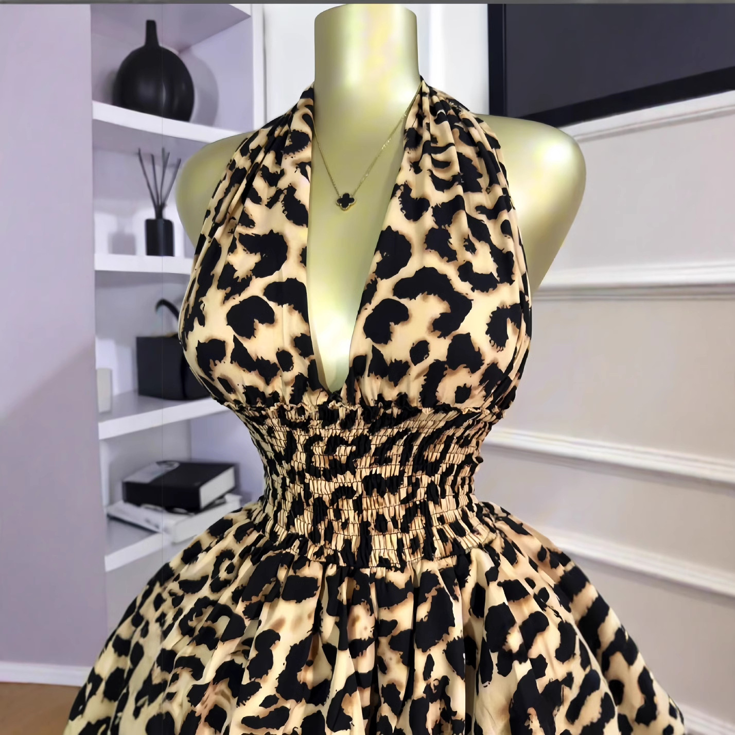L42Chic Early Summer Puff Sleeveless Halter Dress - Leopard Print with Pleated Belted Midi Length