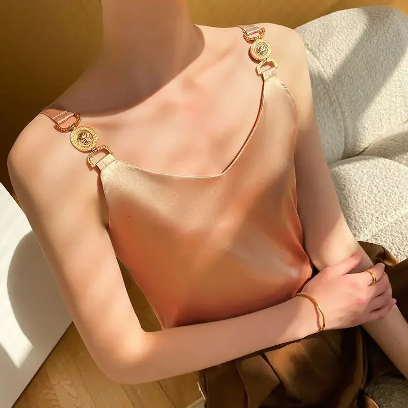 Black satin vest Vneck solid fashionable sleeveless warm and elegant silk spaghetti backless sexy top for summer 2024 250414Z