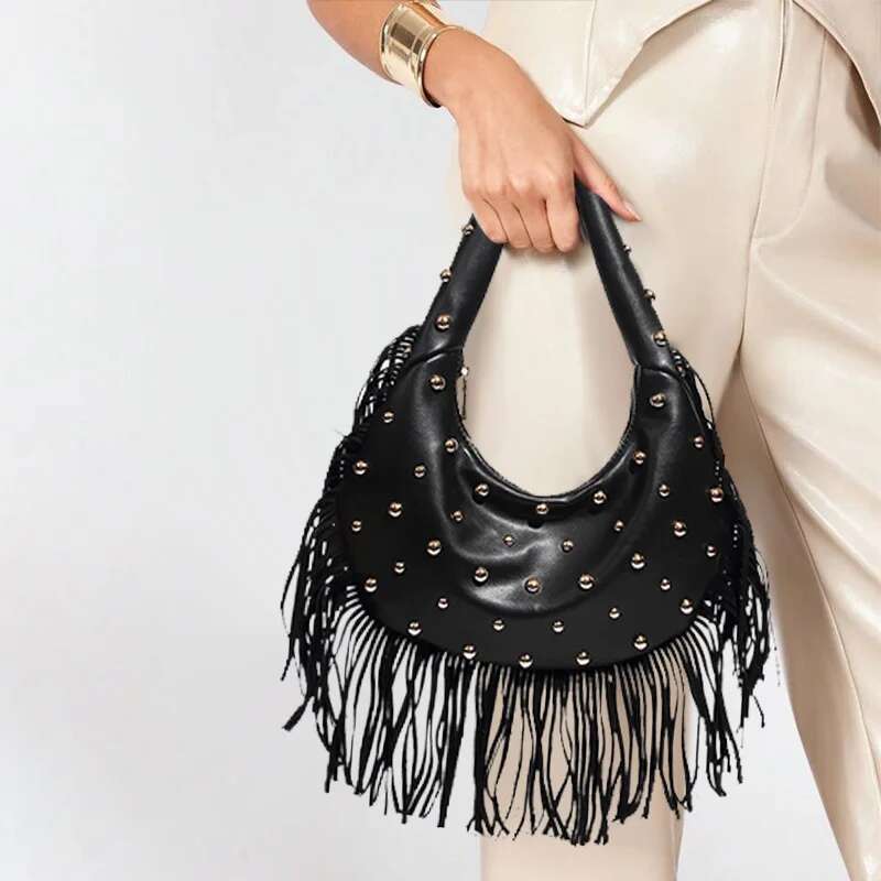 Brand Design Tassel Rivet Handbag Retro Shoulder High Quality Pu Leather Messenger Bag Ladies Large Capacity Armpit Bag
