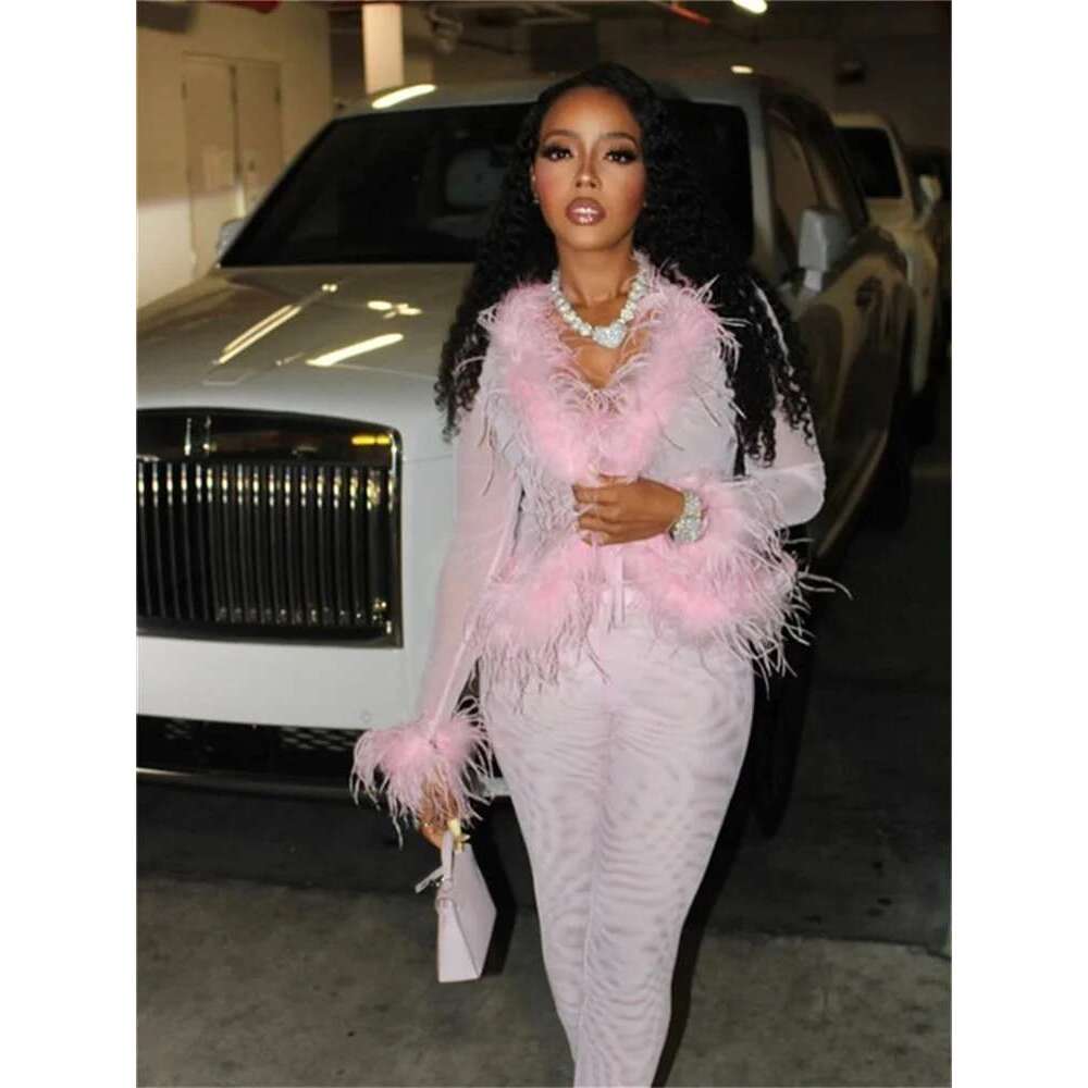 Weird Puss Sexy Fashion 2 Piece Set Women Fluff Patchwork Lace-Up Full Sleeve+Skinny Peach Hip Pants Club Coquett Trend Outfits