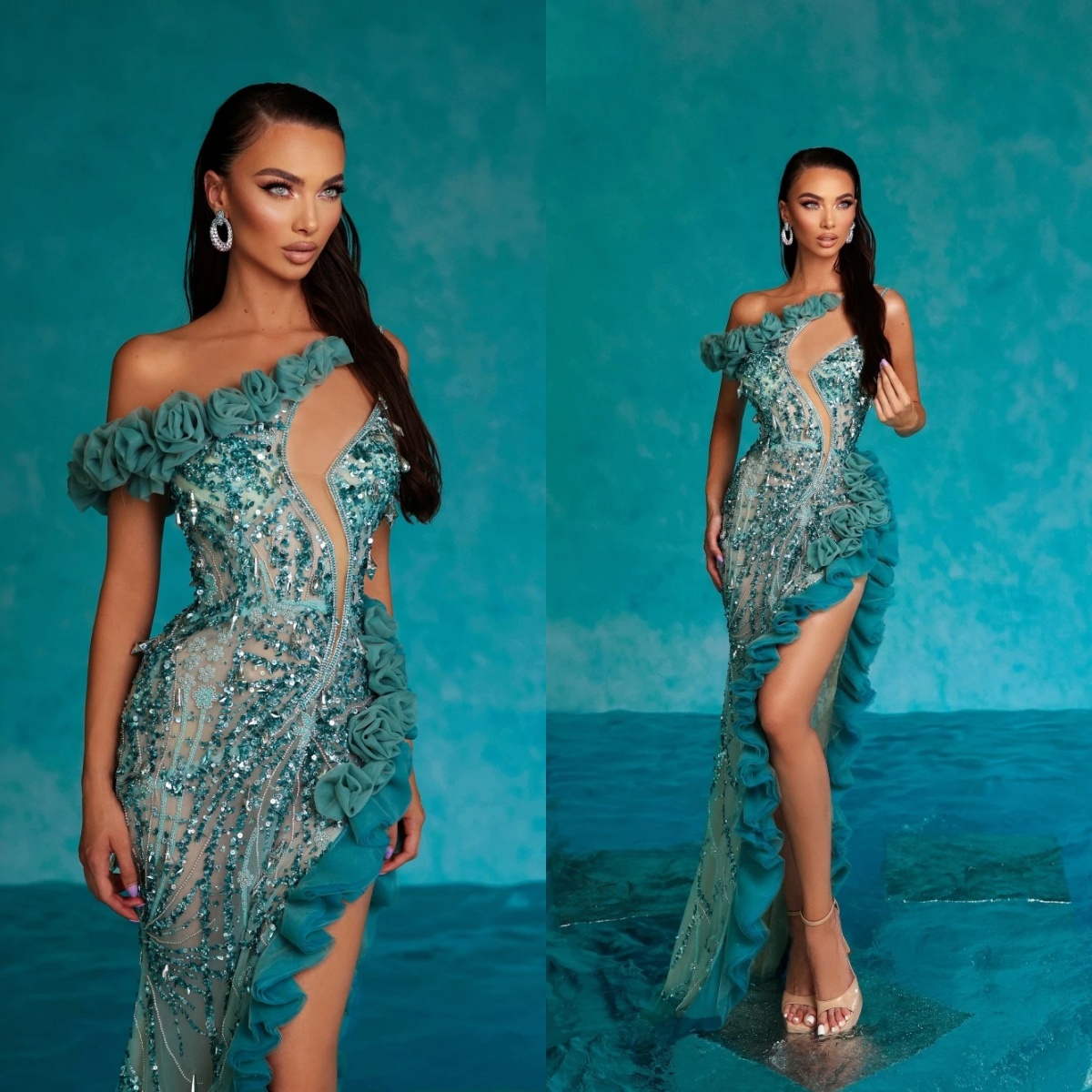 Sexy High Side Slit Evening Dress Sequined Beads Mermaid Party Gown Customized One Shoulder Prom Dresses