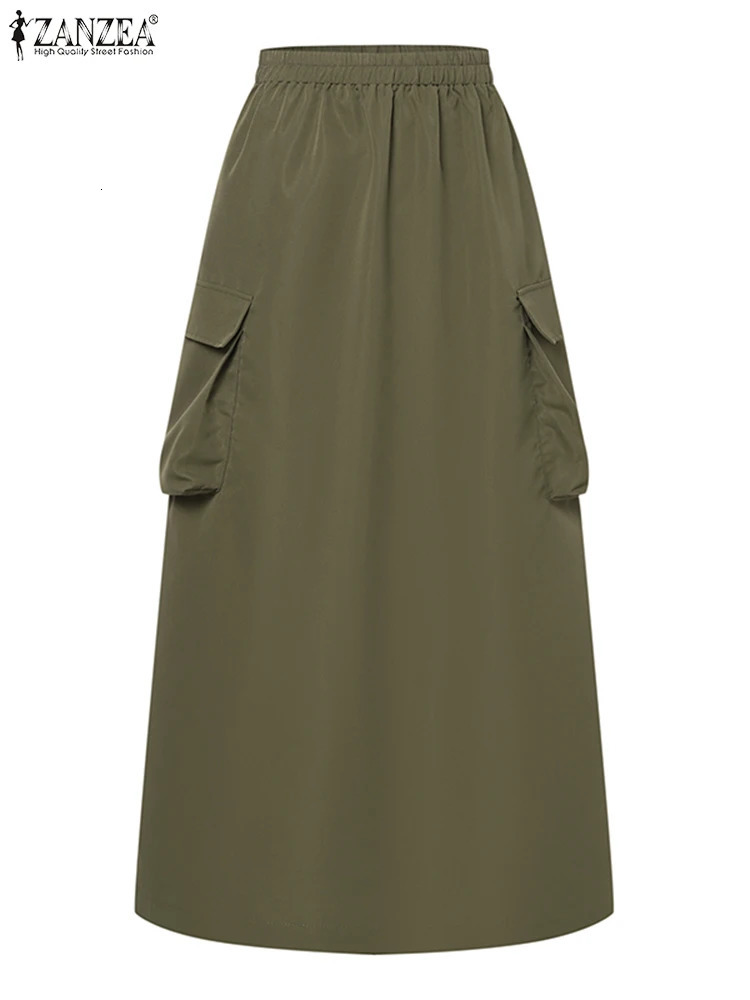 ZANZEA Vintage Cargo Maxi Skirts Women Elegant Loose Jupes Office Big Pockets Jupes Autumn Elastic Waist Skirts Streetwear 250409