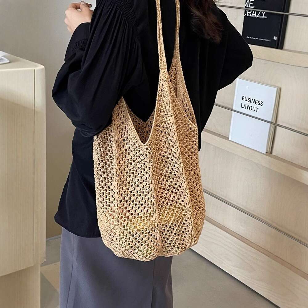 Handmade Beach Bag Leisure High Capacity Cotton New Hollow Grass Woven Lazy Style Shoulder Vacation Beach Bag, Women Bag Kq2