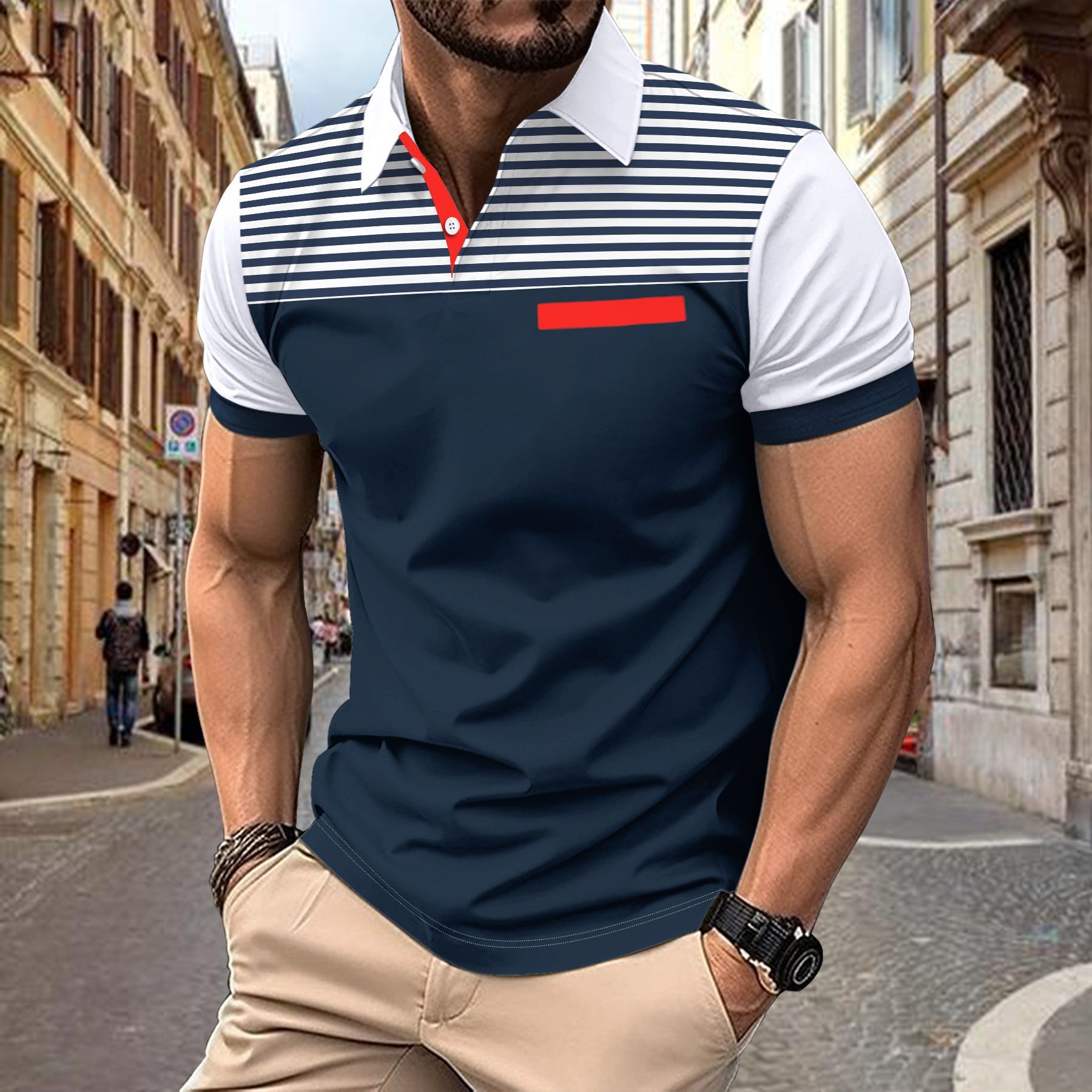 Summer new mens polo shirt casual breathable striped printed short sleeved polo shirt