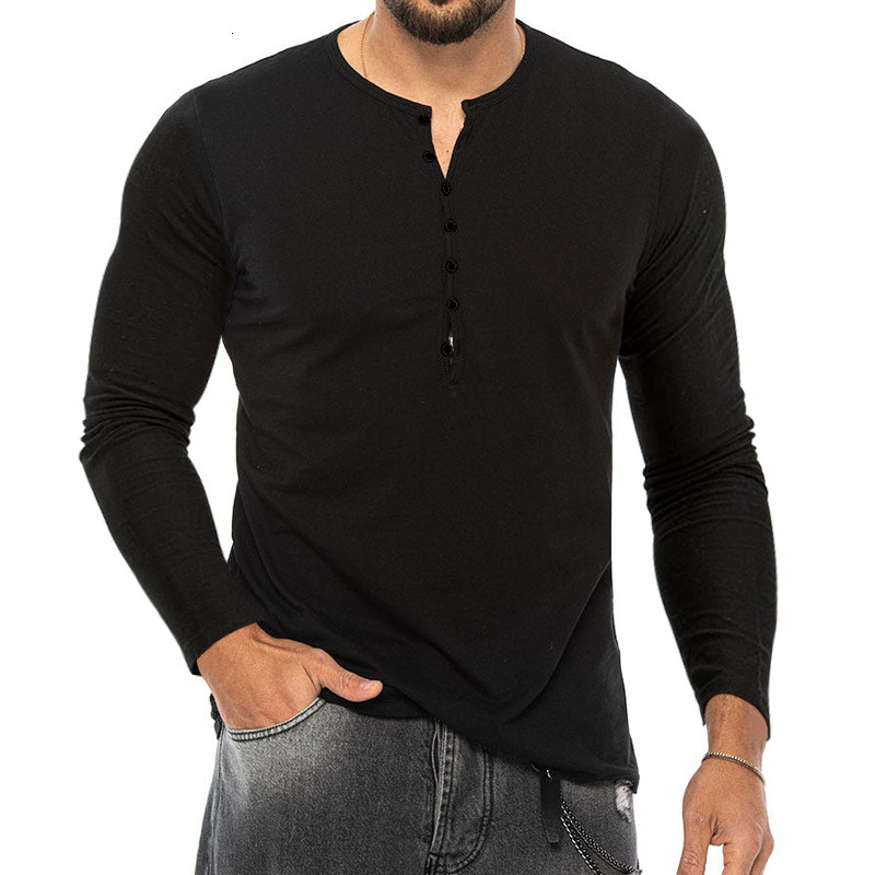 2025 New Spring and Autumn Long sleeved Men's T-shirt Bottom Shirt Slim fit Button V-neck Thin Style Body