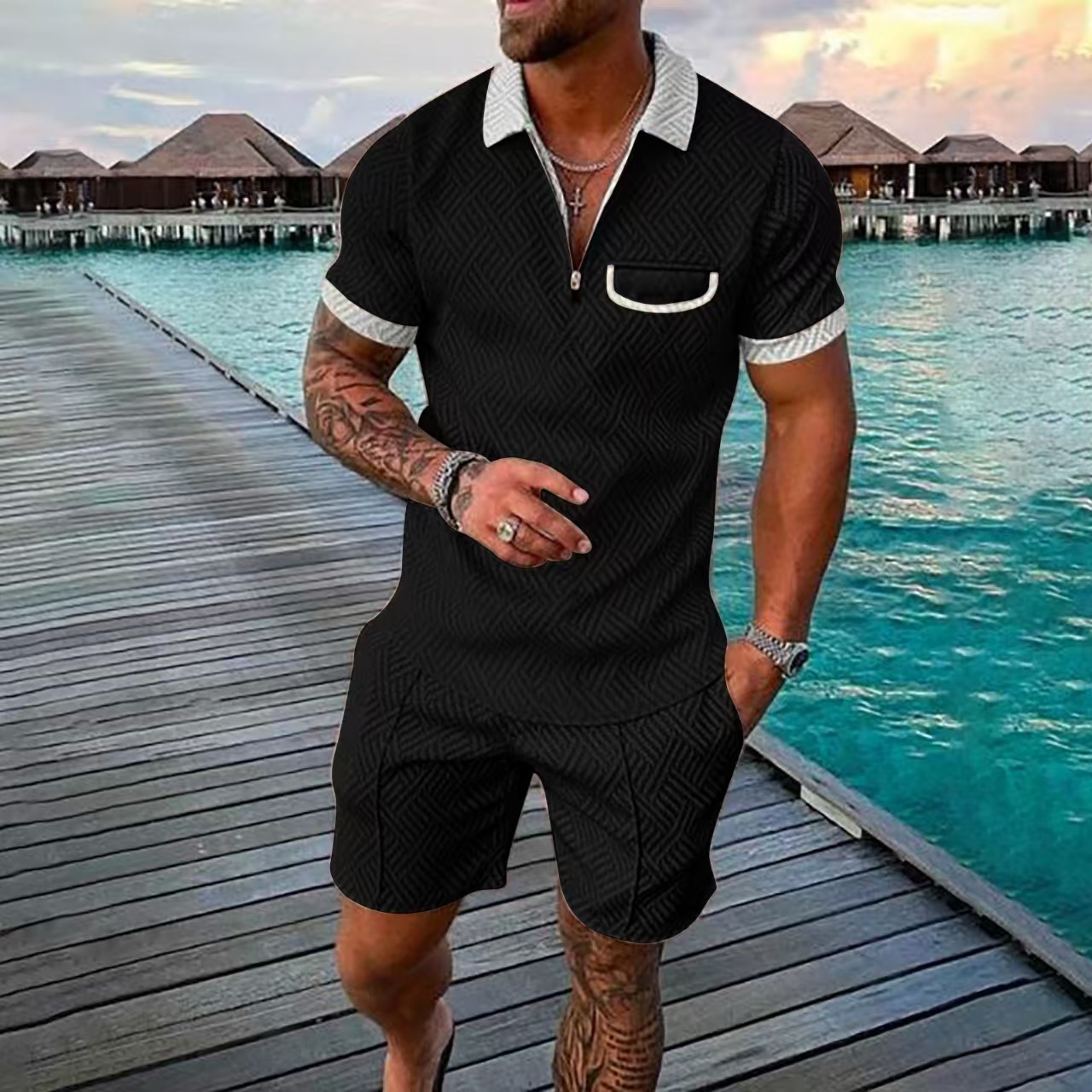 New Mens Fashion Casual Set 3D Digital Printed Zipper Short Sleeve Mens Shorts
