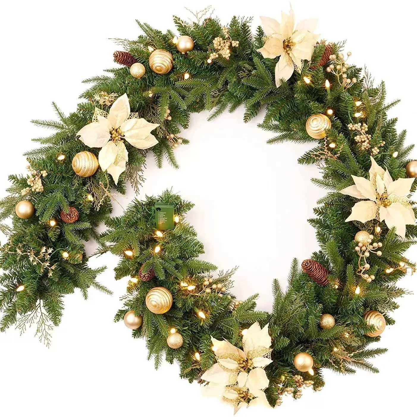 15/18/27m Christmas Rattan Christmas Ball Pinecone Garland With LED Light Festival Wreath For Fornt Door Christmas DecorationM251115