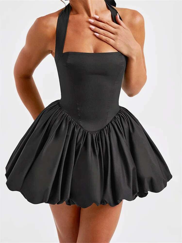 Women Halter Summer Tie Up Sleeveless Backless Corset Bubble Dress For Party Evening Club Streetwear