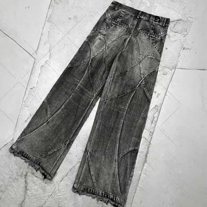 Spliced Design Washed Jeans Men's Streetwear Fashion Straight Leg Denim Pants Hip Hop Trendy Trousers Spring 28W4634