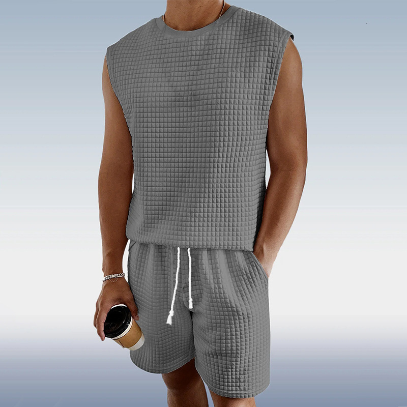 2025 New Men's Sports Summer Casual Small Checkered Sleeveless Tank Top Shorts Set