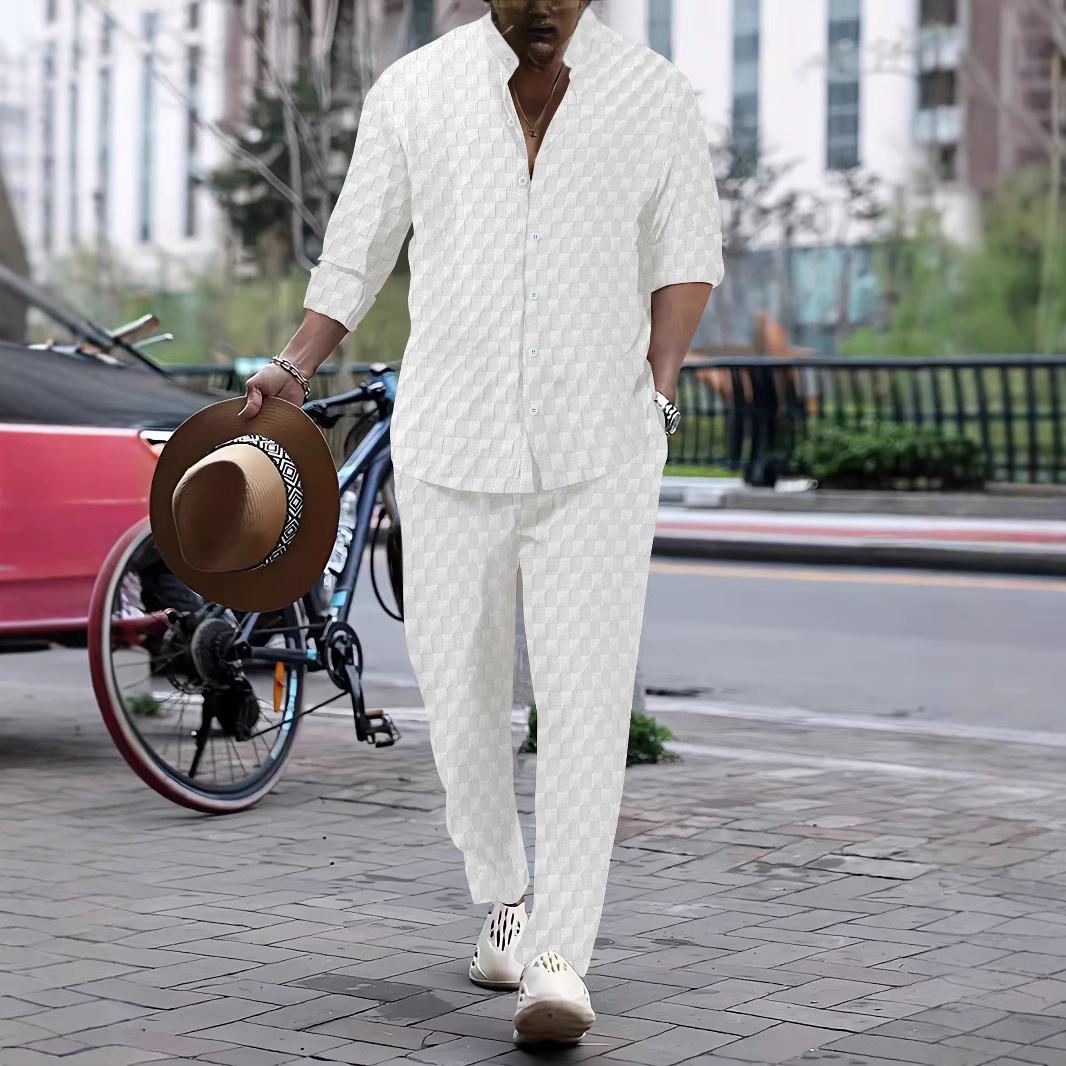 Spring and Autumn Mens Checkered Henli Collar Shirt Pants Trendy Casual Sports Set