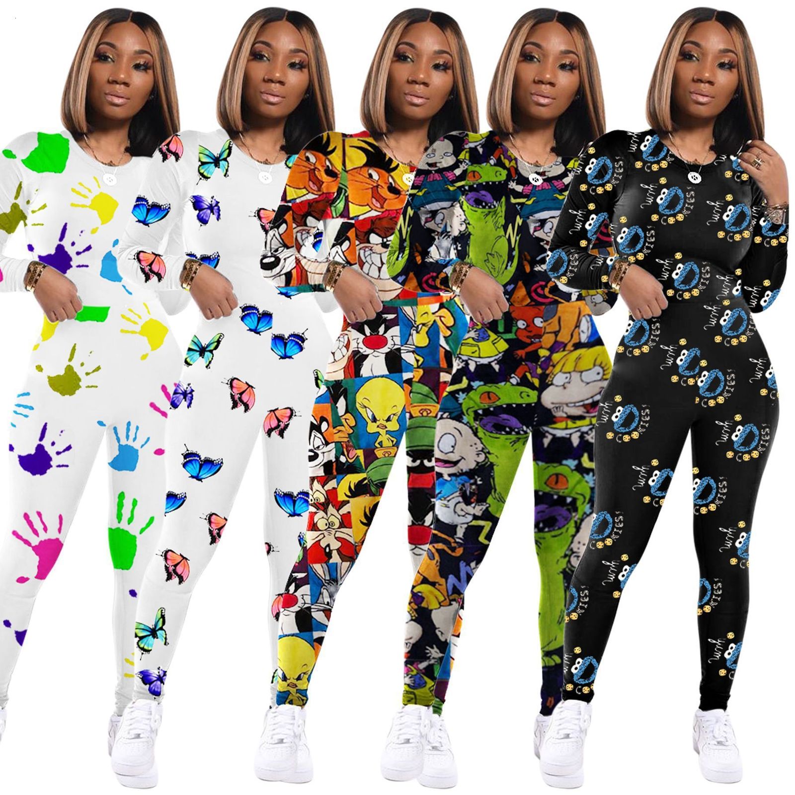 VK2046 sexy casual fashion printed round neck two-piece nightclub suit 201007