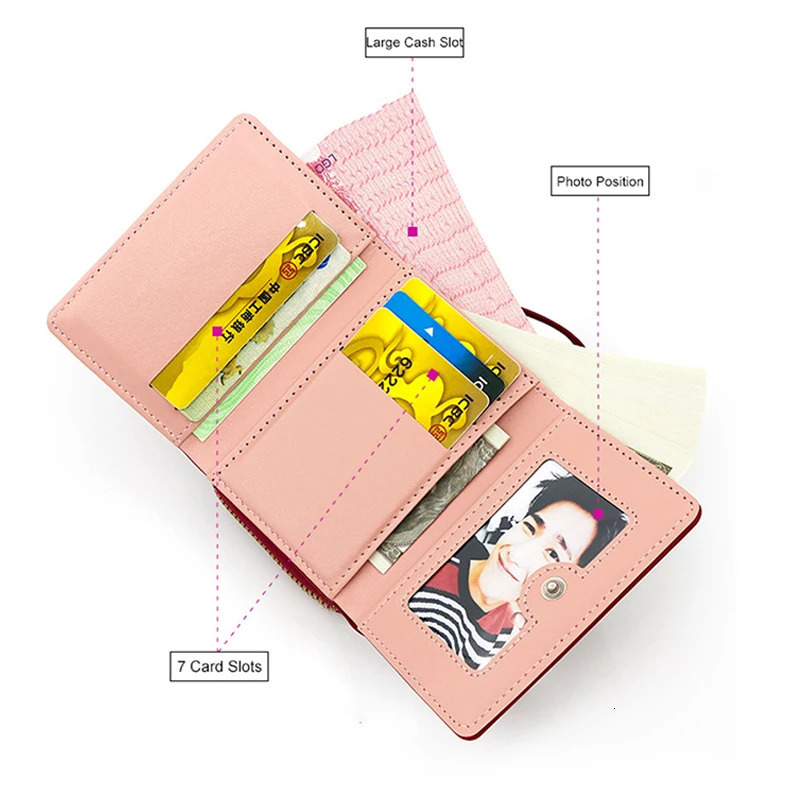 Womens large capacity cute wallet PU three fold card bag with multiple pockets short wallet fashion embroidery love pattern wallet 250410