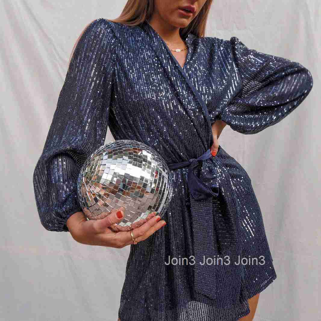 2025 New Glitter Mini Wrap Dress Womens V-neck Long Sleeve Bubble Sleeve Sparkling Surrounding Party Clothing