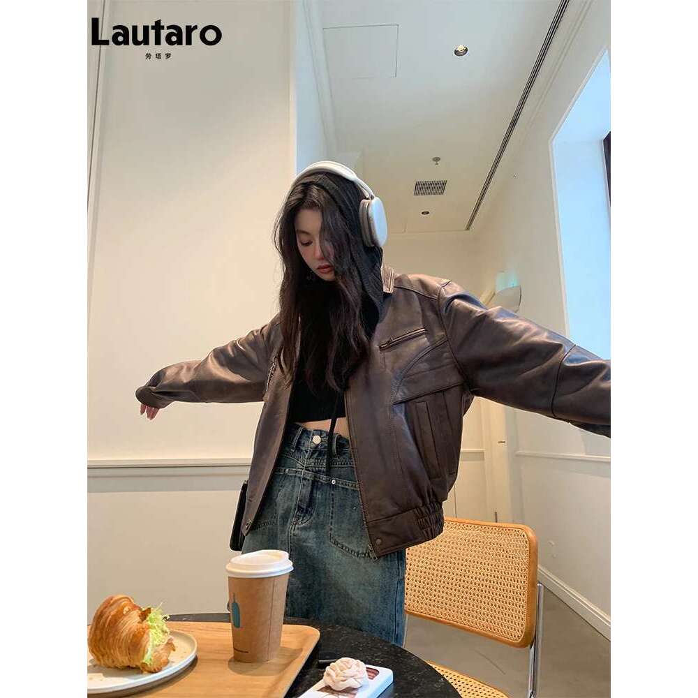 Designer Clothes Lautaro Spring Autumn Cool Retro Waterproof Distressed Brown Pu Leather Jackets For Women Zipper Maillard Style Clothes 2024