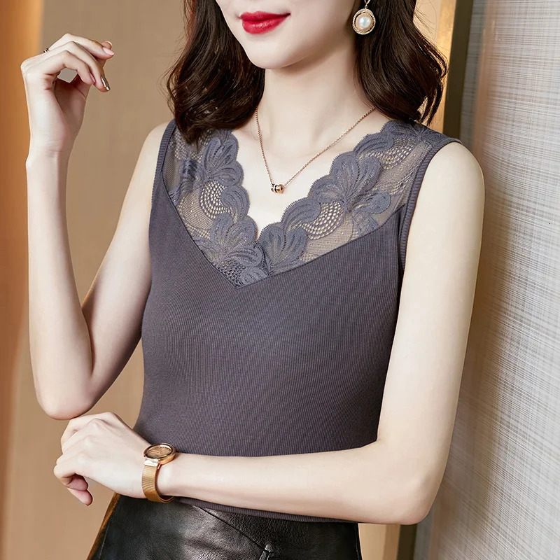 #1202 Black White Grey Khaki Short Tank Top For Women Lace V-neck Skinny Sleeveless T-shirt Female Hollow Out Office Tank Tops 250415