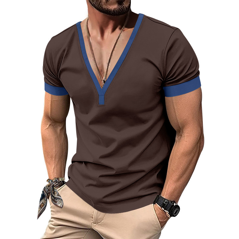2025 American style spring and summer short sleeved Henry shirt men's V-neck contrasting color top casual slim fit T-shirt