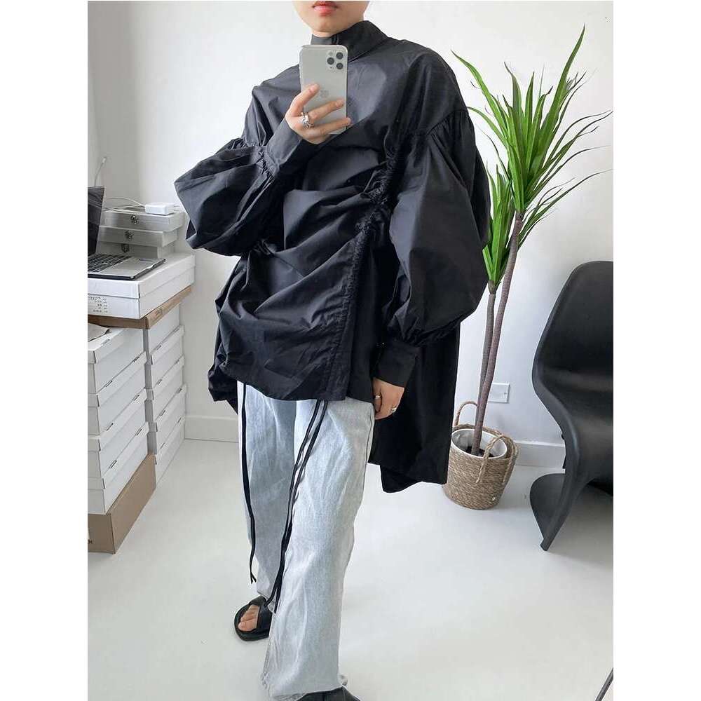 EAM Women Irregular Drawstring Big Size White Blouse New Stand Collar Long Sleeve Shirt Fashion Tide Spring Autumn 2025 1Z189