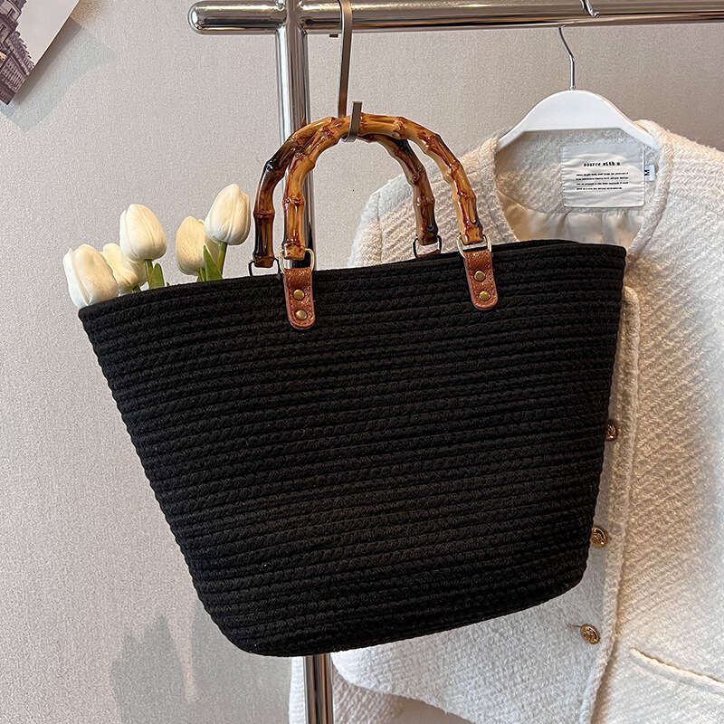 Handmade Beach Bag Striped High-Capacity Cotton Thread New Imitation Bamboo Joint French Grass Woven Portable Beach Bag, Women's Bag Kq2