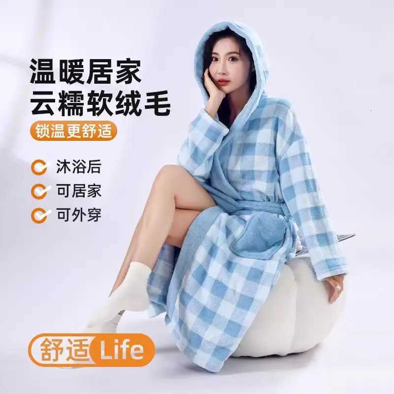 2025 Women Plush Fleece Robe Long Hooded Loungewear C251115