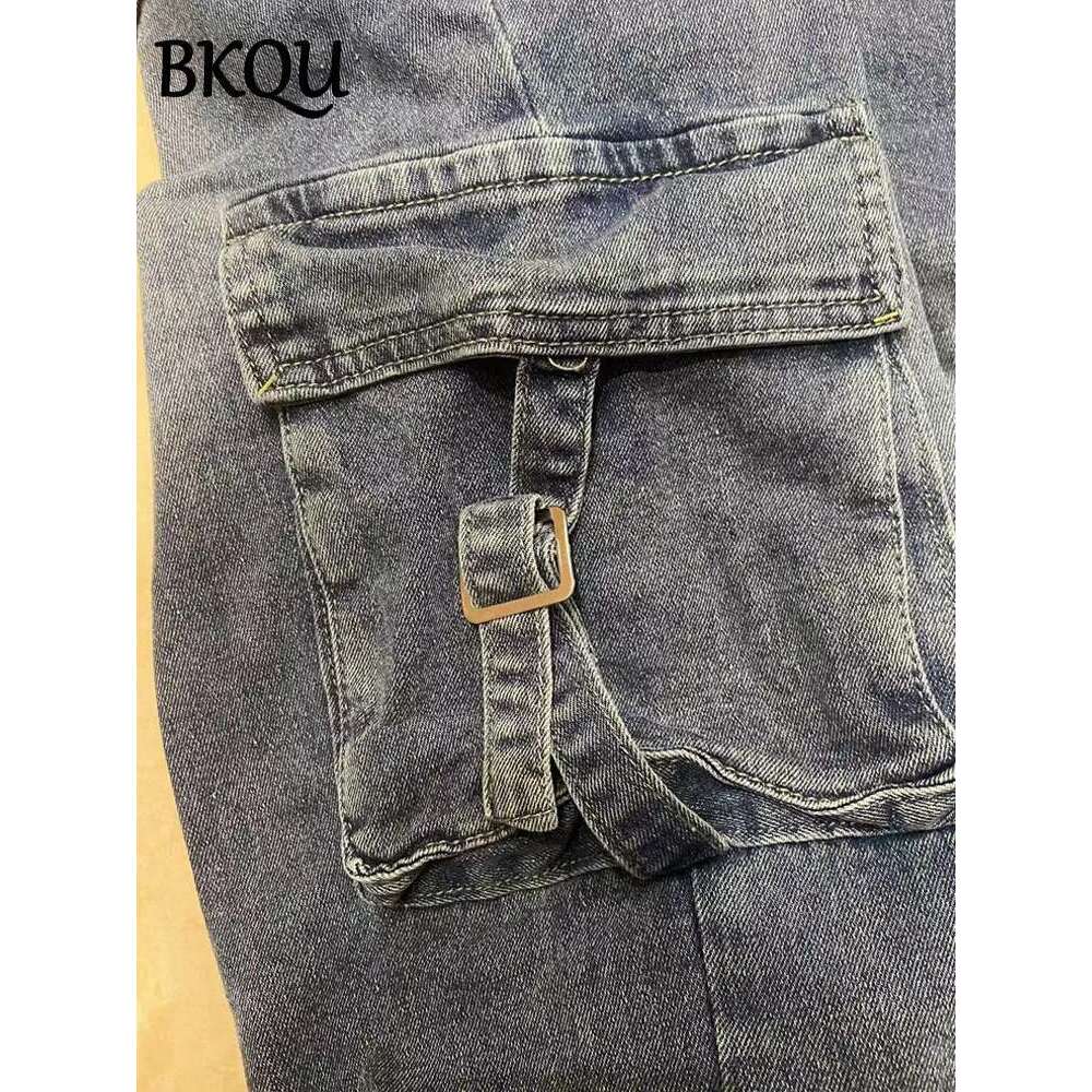 Designer Clothes BKQU Denim Cargo Jumpsuit Women Pockets Patchwork Fashion Lapel Zipper Jean Stretch Overalls Playsuit Fall Winter Y2k Streetwear