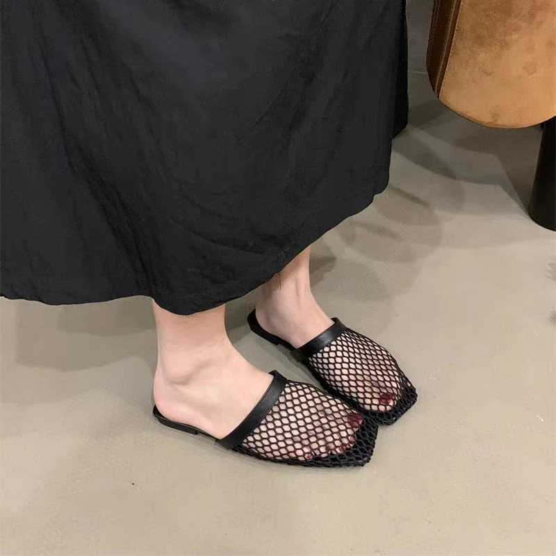 Womens Slippers Flat Sole Large Mesh Upper Square Toe Womens Mules Dress Daily Commute Roman Cover Toe Zapatillas De Mujer 250411