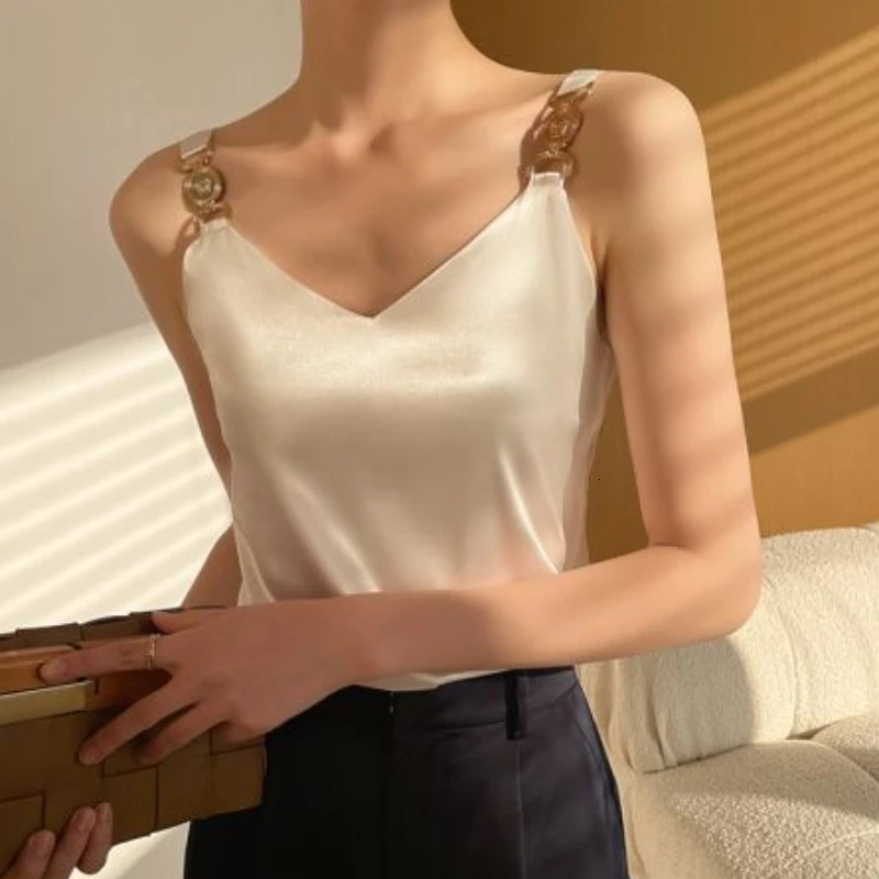 Black satin vest Vneck solid fashionable sleeveless warm and elegant silk spaghetti backless sexy top for summer 2024 250414Z