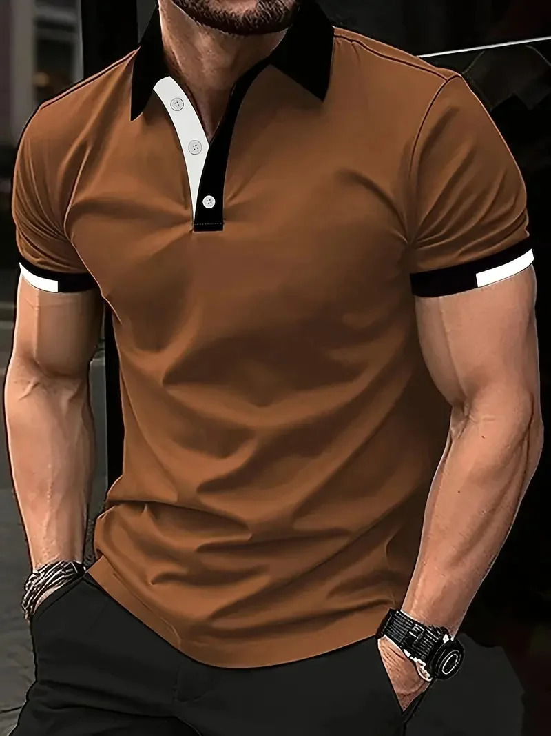 Summer mens casual short sleeved polo shirt solid color lapel business fashionable breathable comfortable short sleeved Tshirt 250411