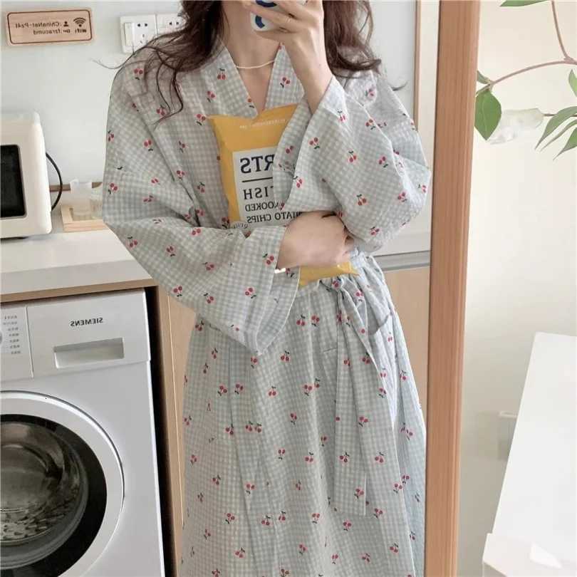 Small Fresh Sweet Plaid Cherry Plaid Robe Nightgown Female Models Spring and Summer Long-Sleeved Bathrobe Homewear C251115