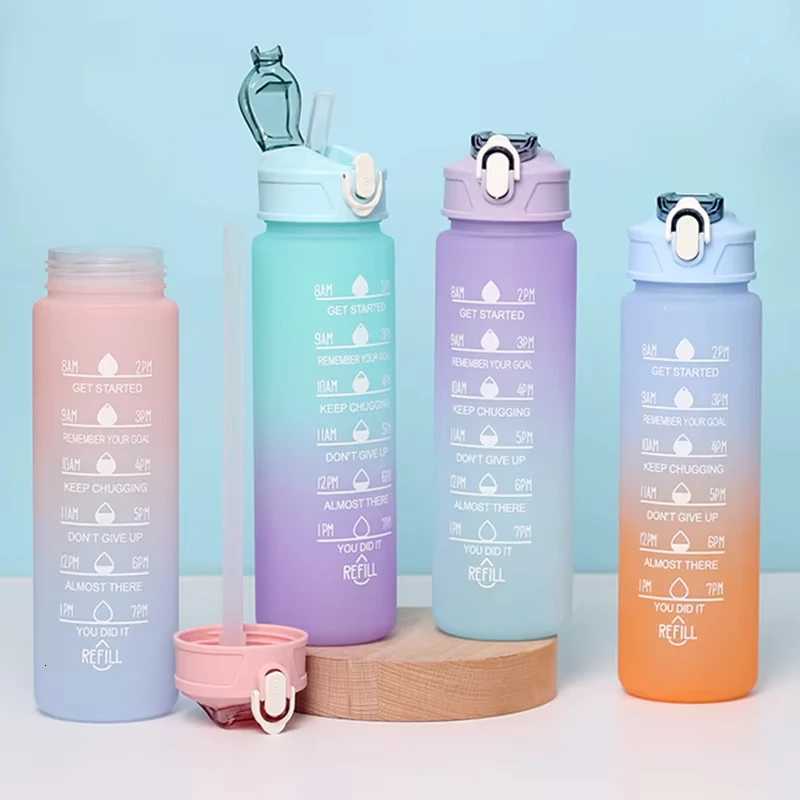 700ml Sports water Bottle High Temperature Resistant Graduated Straw Cup Rainbow Frosted Progressive Color Water Cup Plastic CupW251114
