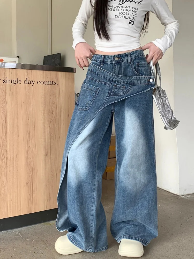Garbage Y2K 2000S washed blue pocket stacked jeans 90s retro ner clothing wide leg womens Trouser Ropa De Mujer 250414