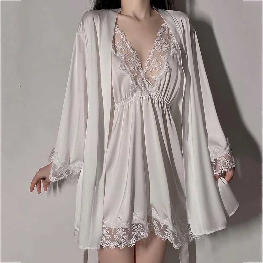 Spring Summer Women Robe Nightdress Sleepwear Two Piece Set Sexy Patchwork Lace Nightgown Kimono Bathrobe Loose Casual Home Wear C251115