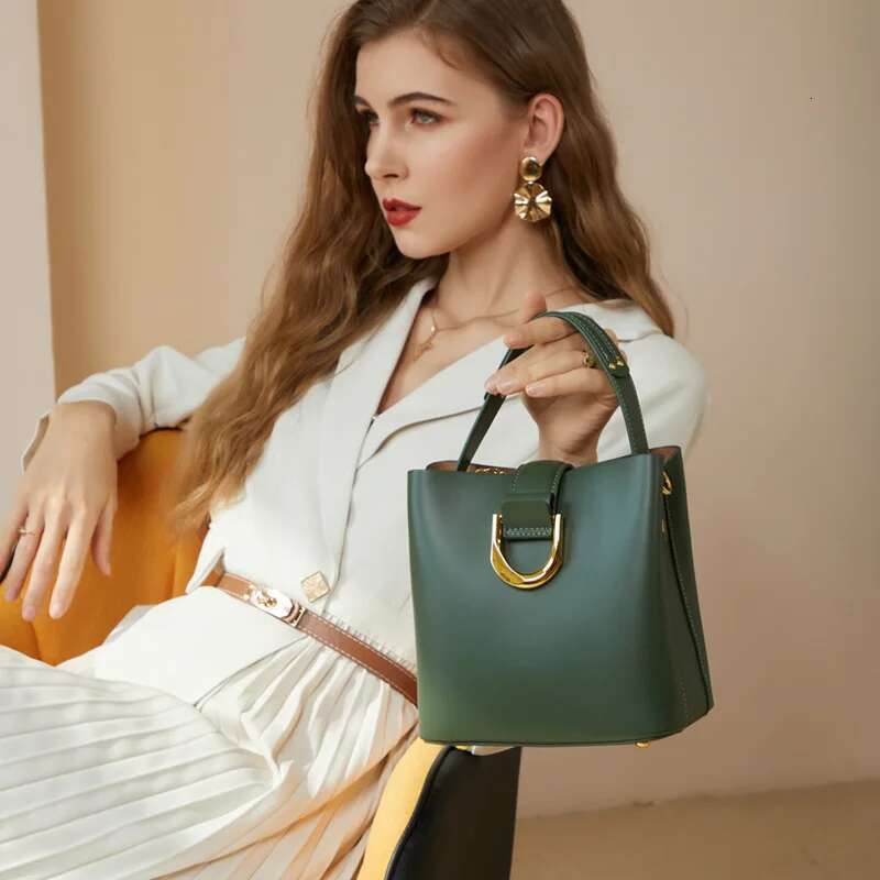 Women's Genuine Leather Bucket Bag 2024 Fashion One Shoulder Straddle Crossbody Handbag For Spring Summer