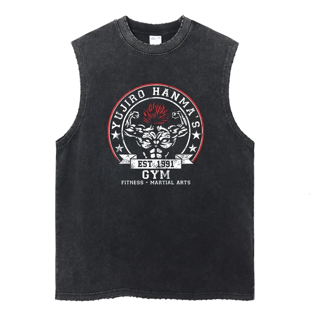 Harajuku Streetwear Washed Anime Print Tank Tops Fashion Ripped Casual Vest Men Summer Sleeveless Cotton Vintage Vest Tee Unisex 250415