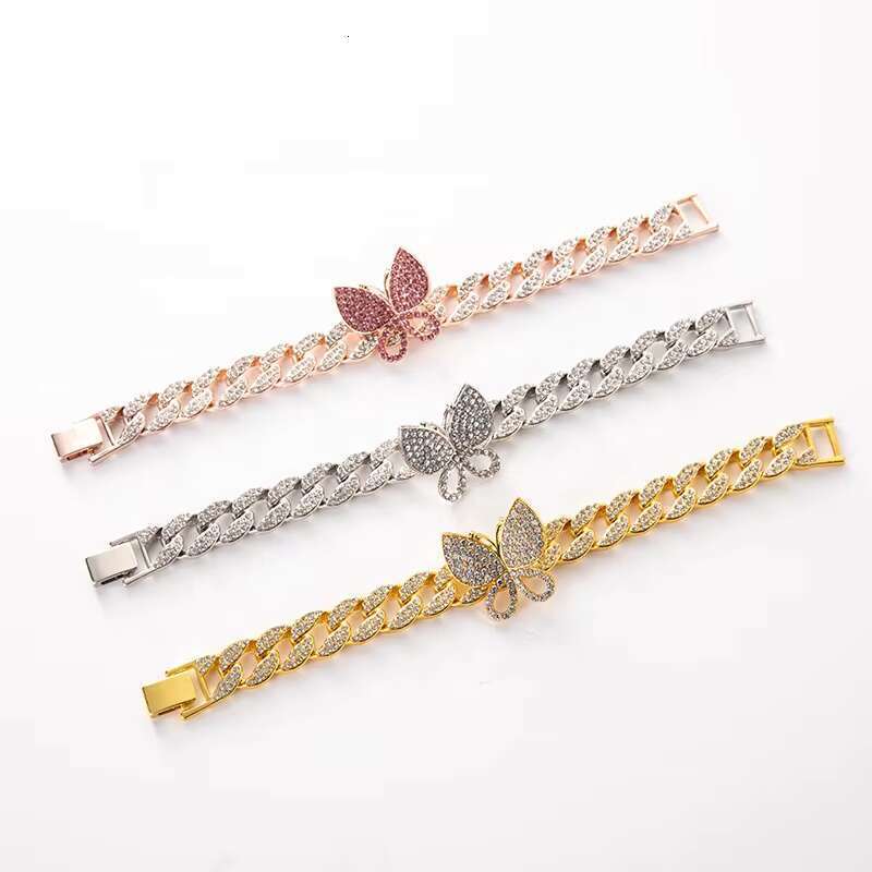 DHcollection Stock Iced Out Alloy and Bg Rhie Hip Hop 15mm Butterfly Cuban Chain Bracelet