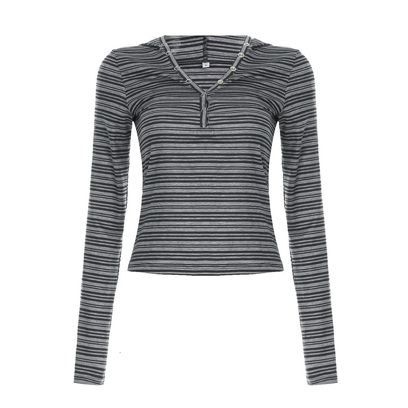 Casual Striped Breasted Long Sleeve Hooded T-Shirts Women Slim Fit Simple Fashion Blouses 250415