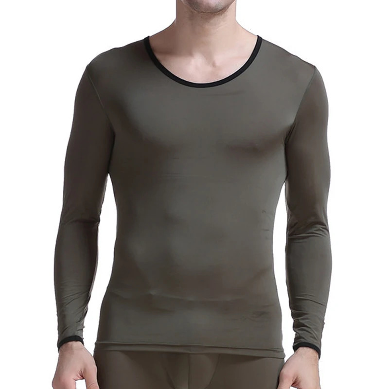 CLEVERMENMODE Mens Underwear Ultra Thin Ice Silk Transparent Tshirt Long John Sleeve Top 250407