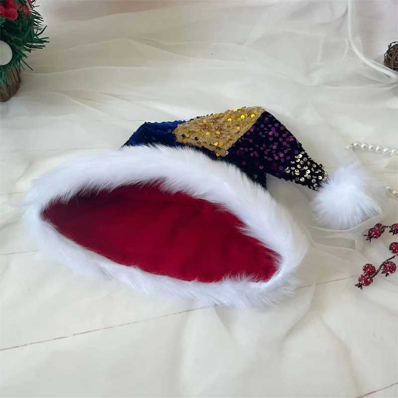 New Christmas Hat Color Full Glitter Plush Double-Layer Hat 3147cm Spliced Decorative Hat Y251115