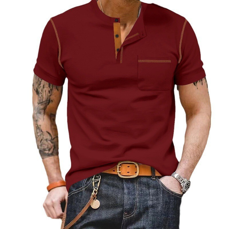 2025 Short sleeved Summer Henley Shirt Color blocked T-shirt Men's