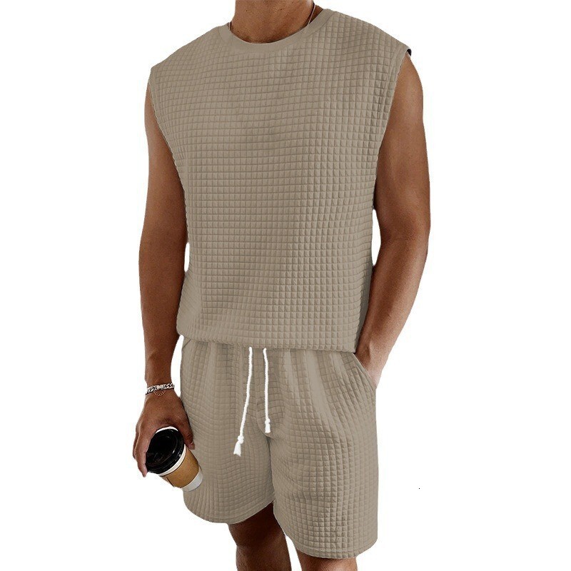 2025 New Men's Sports Summer Casual Small Checkered Sleeveless Tank Top Shorts Set